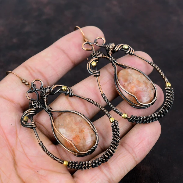 Sunstone Oval Orange Handmade Copper Wire Wrapped Earrings