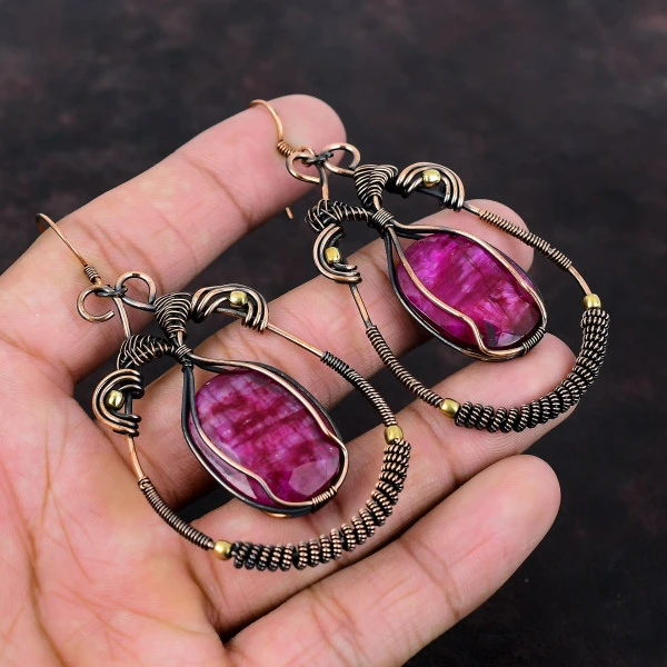 Kashmir Ruby Oval Red Handmade Copper Wire Wrapped Earrings