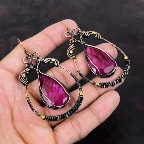 Kashmir Ruby Pear Red Handmade Copper Wire Wrapped Earrings