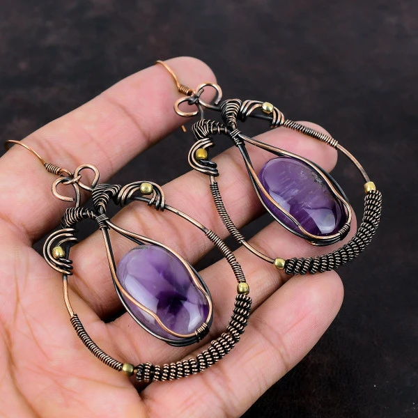 Star Amethyst Oval Purple Handmade Copper Wire Wrapped Earrings