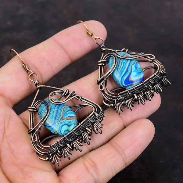 Rainbow Calsilica Oval Blue Handmade Copper Wire Wrapped Earrings