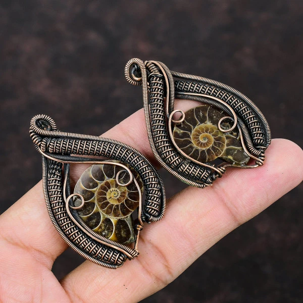 Ammonite Fossil Pear Brown Handmade Copper Wire Wrapped Earrings