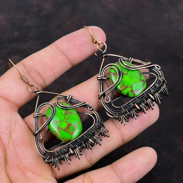 Copper Green Turquoise Oval Green Handmade Copper Wire Wrapped Earrings