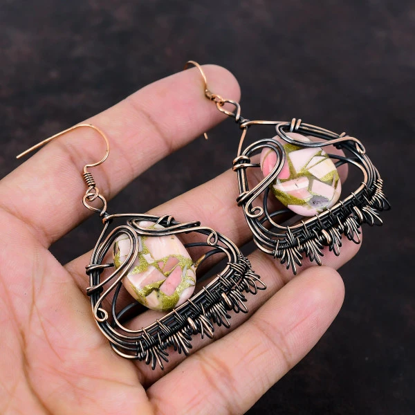 Copper Pink Opal Oval Pink Handmade Copper Wire Wrapped Earrings
