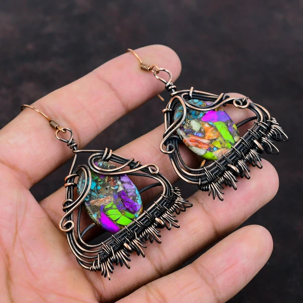 Fiesta Kingman Turquoise Oval Green Handmade Copper Wire Wrapped Earrings