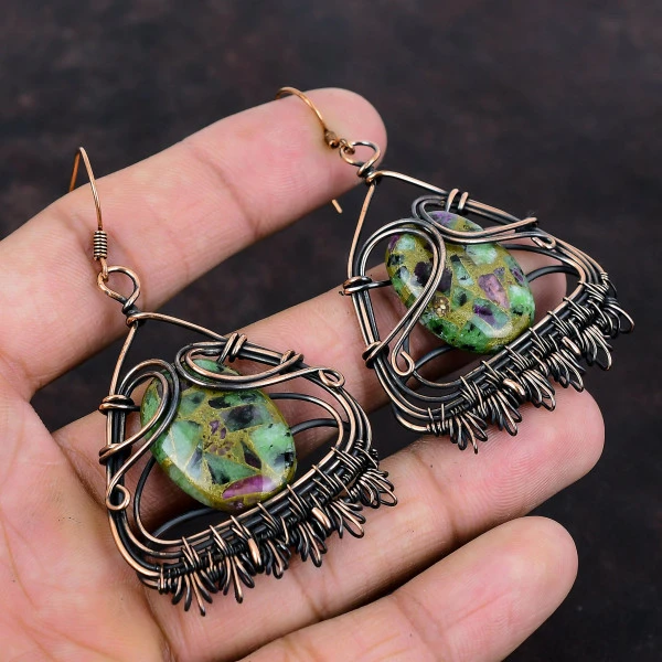 Copper Ruby Zoisite Oval Green Handmade Copper Wire Wrapped Earrings