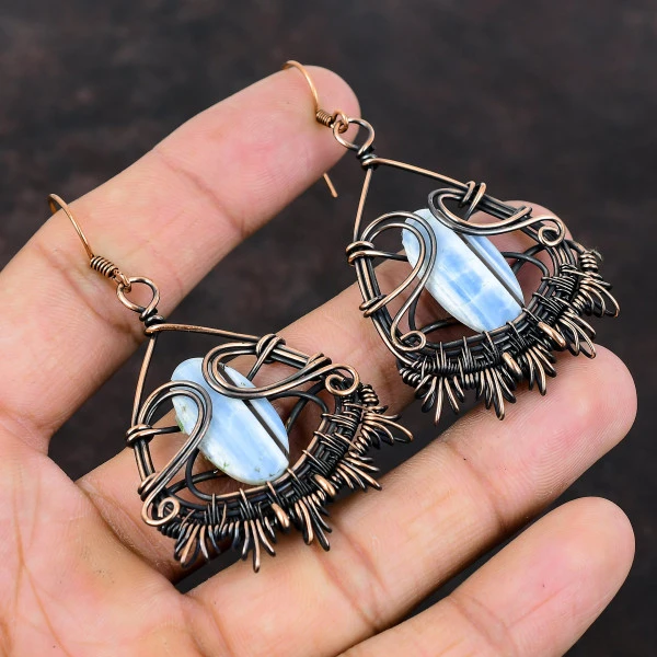 Owyhee Blue Opal Oval Blue Handmade Copper Wire Wrapped Earrings