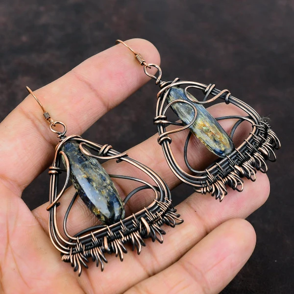 Kyanite Oval Blue Handmade Copper Wire Wrapped Earrings