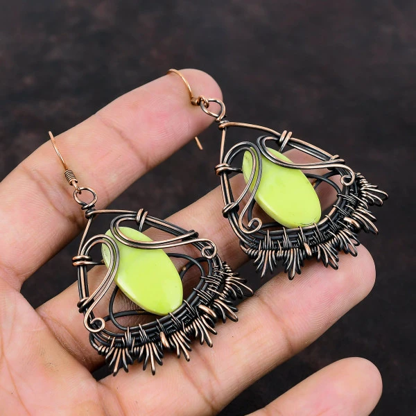 Serpentine Oval Yellow Handmade Copper Wire Wrapped Earrings
