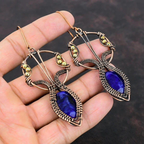 Blue Sapphire Oval Blue Handmade Copper Wire Wrapped Earrings