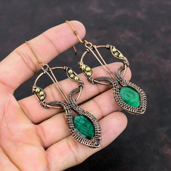 Zambian Emerald Oval Green Handmade Copper Wire Wrapped Earrings