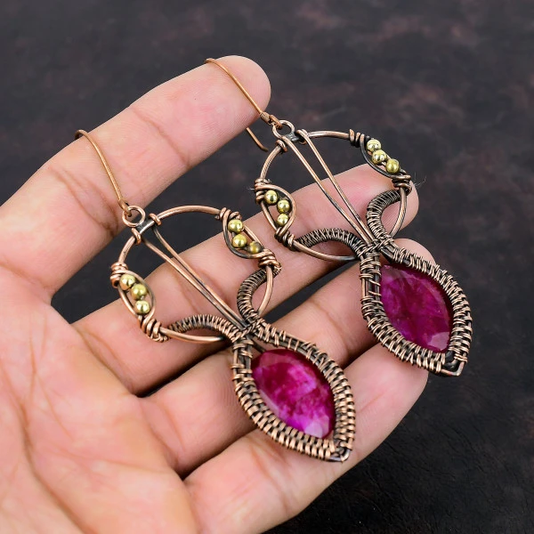 Kashmir Ruby Oval Red Handmade Copper Wire Wrapped Earrings