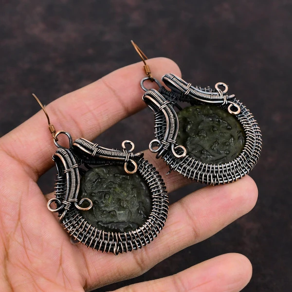 Moldavite Round Green Handmade Copper Wire Wrapped Earrings