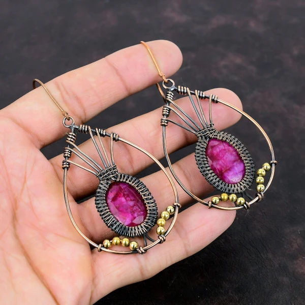 Kashmir Ruby Oval Red Handmade Copper Wire Wrapped Earrings