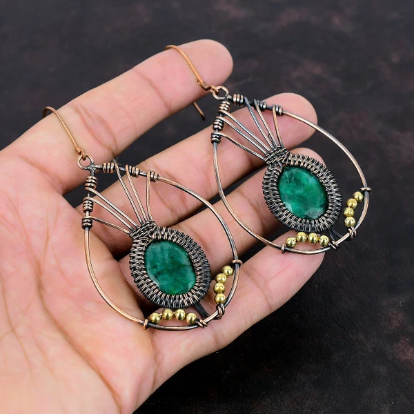 Zambian Emerald Oval Green Handmade Copper Wire Wrapped Earrings