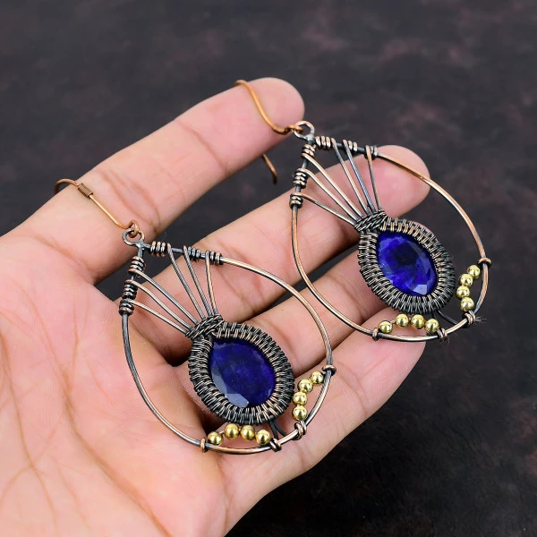 Blue Sapphire Oval Blue Handmade Copper Wire Wrapped Earrings