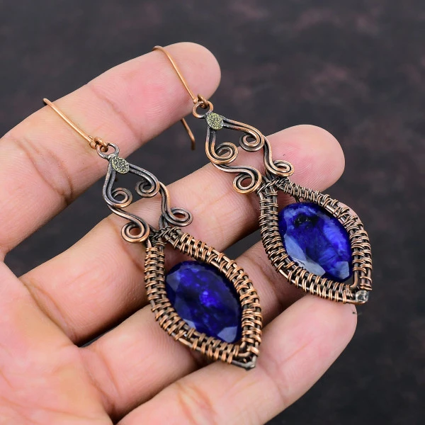 Blue Sapphire Oval Blue Handmade Copper Wire Wrapped Earrings