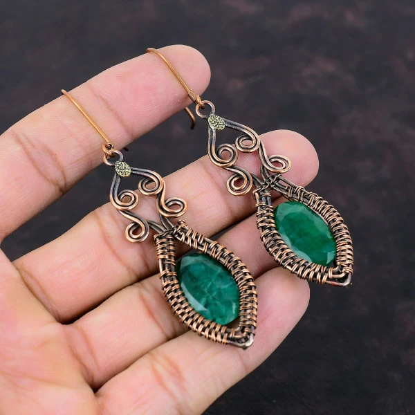 Zambian Emerald Oval Green Handmade Copper Wire Wrapped Earrings