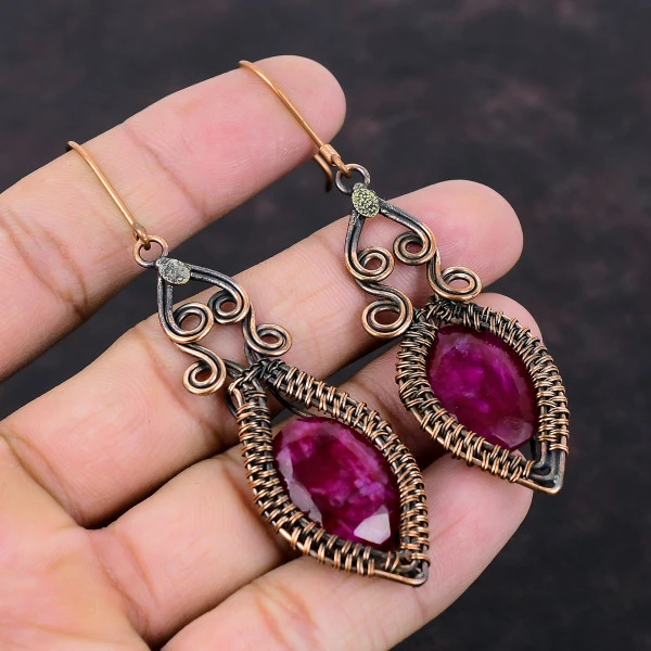 Kashmir Ruby Oval Red Handmade Copper Wire Wrapped Earrings