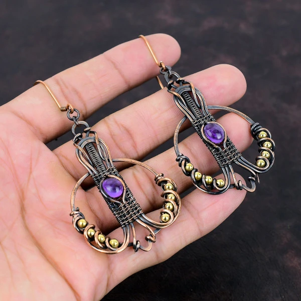 African Amethyst Round Purple Handmade Copper Wire Wrapped Earrings