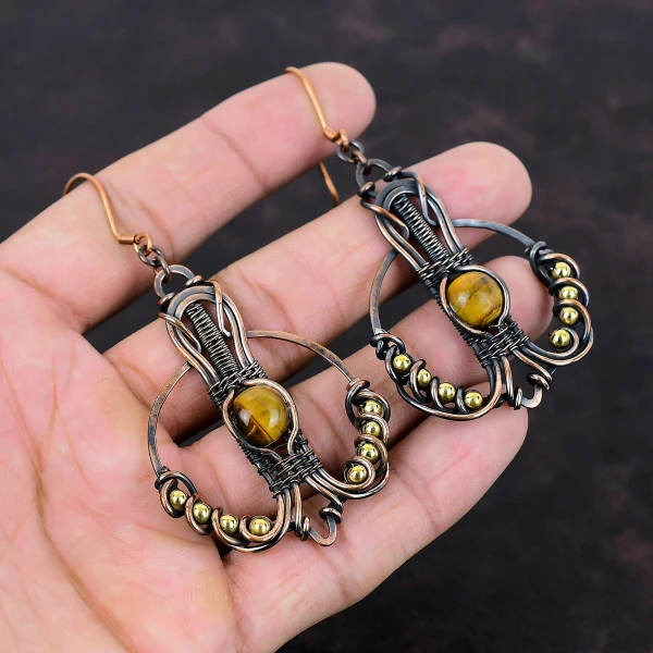 Tiger's Eye Round Brown Handmade Copper Wire Wrapped Earrings