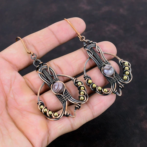 Botswana Agate Round Brown Handmade Copper Wire Wrapped Earrings