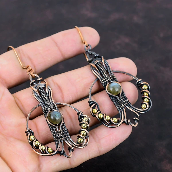 Labradorite Round Gray Handmade Copper Wire Wrapped Earrings