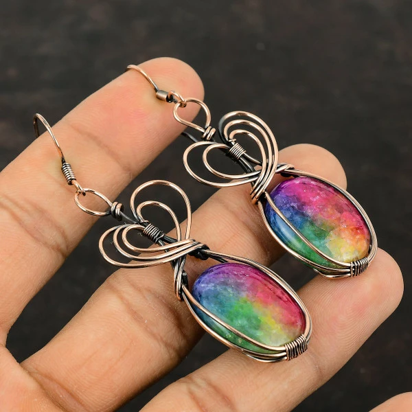 Rainbow Solar Quartz Druzy Oval Pink Handmade Copper Wire Wrapped Earrings