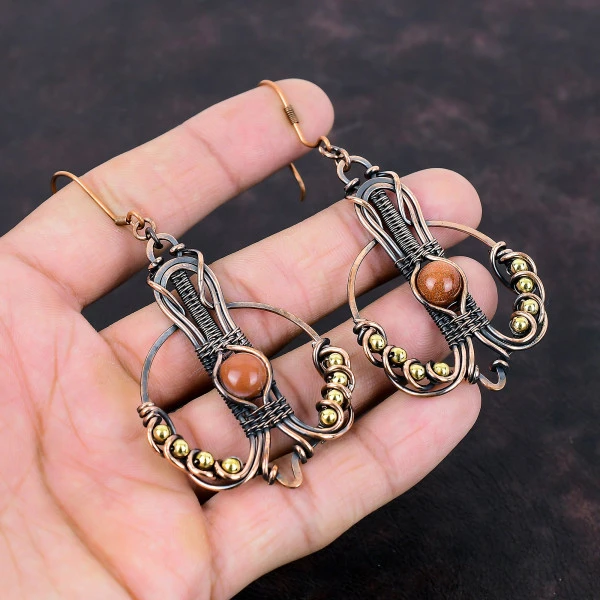 Sun Sitara Round Orange Handmade Copper Wire Wrapped Earrings