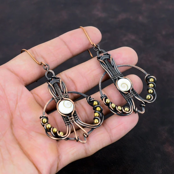 Shiva Eye Shell Round White Handmade Copper Wire Wrapped Earrings