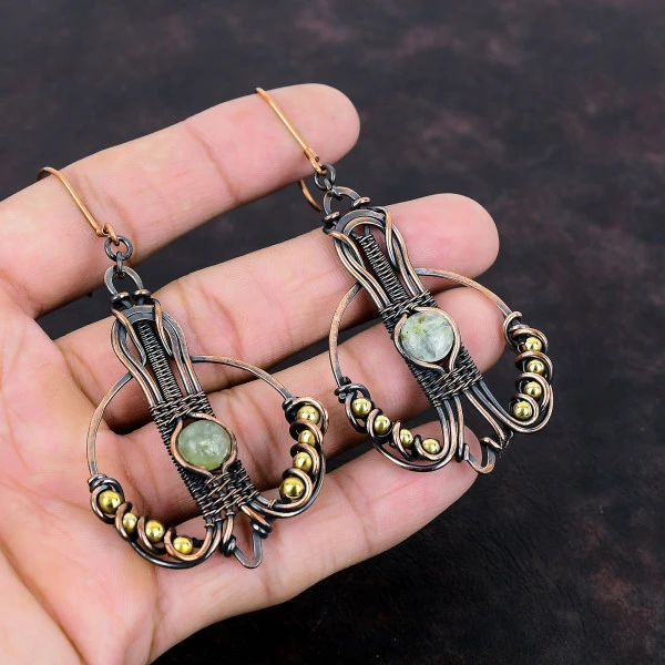 Moss Prehnite Round Green Handmade Copper Wire Wrapped Earrings