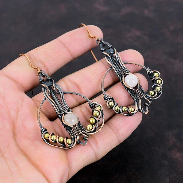 Rose Quartz Round Pink Handmade Copper Wire Wrapped Earrings