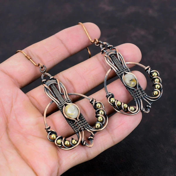 Golden Rutile Round Yellow Handmade Copper Wire Wrapped Earrings