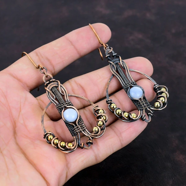 Blue Lace Agate Round Blue Handmade Copper Wire Wrapped Earrings