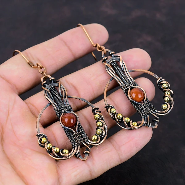 Carnelian Round Red Handmade Copper Wire Wrapped Earrings