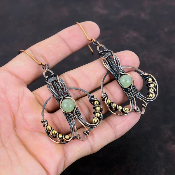 Prehnite Round Green Handmade Copper Wire Wrapped Earrings