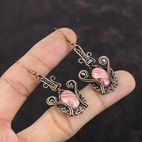 Rhodochrosite Oval Pink Handmade Copper Wire Wrapped Earrings