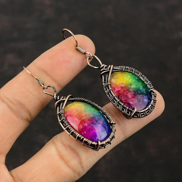 Rainbow Solar Quartz Druzy Oval Yellow Handmade Copper Wire Wrapped Earrings