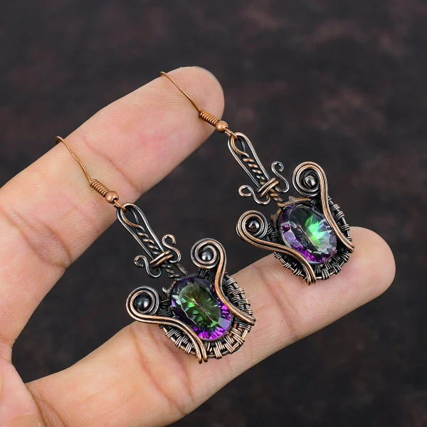 Rainbow Mystic Topaz Oval Green Handmade Copper Wire Wrapped Earrings