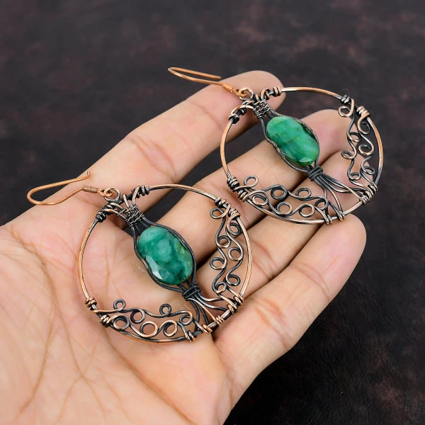 Zambian Emerald Oval Green Handmade Copper Wire Wrapped Earrings