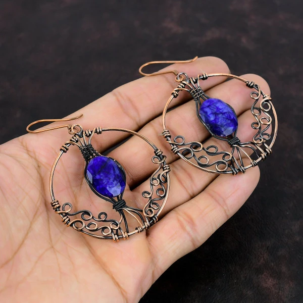 Blue Sapphire Oval Blue Handmade Copper Wire Wrapped Earrings