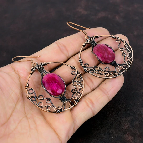 Kashmir Ruby Oval Red Handmade Copper Wire Wrapped Earrings