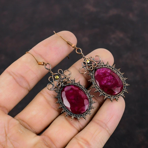 Kashmir Ruby Oval Red Handmade Copper Wire Wrapped Earrings