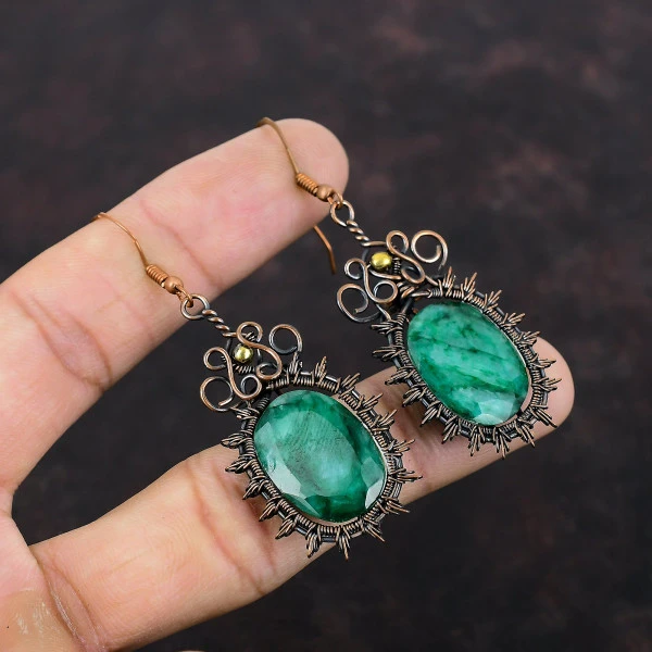 Zambian Emerald Oval Green Handmade Copper Wire Wrapped Earrings