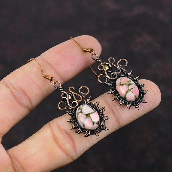 Copper Pink Opal Oval Pink Handmade Copper Wire Wrapped Earrings