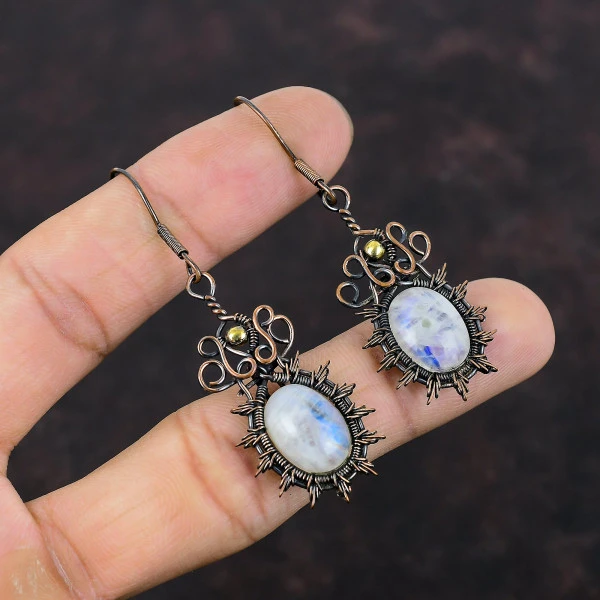 Rainbow Moonstone Oval White Handmade Copper Wire Wrapped Earrings