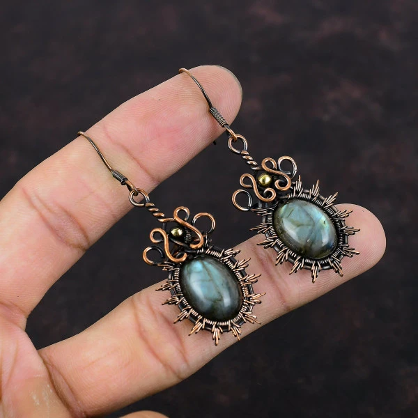 Labradorite Oval Gray Handmade Copper Wire Wrapped Earrings