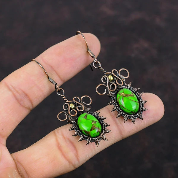 Copper Green Turquoise Oval Green Handmade Copper Wire Wrapped Earrings