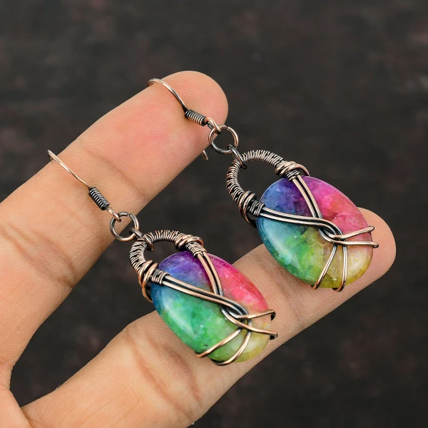 Rainbow Solar Quartz Druzy Oval Green Handmade Copper Wire Wrapped Earrings