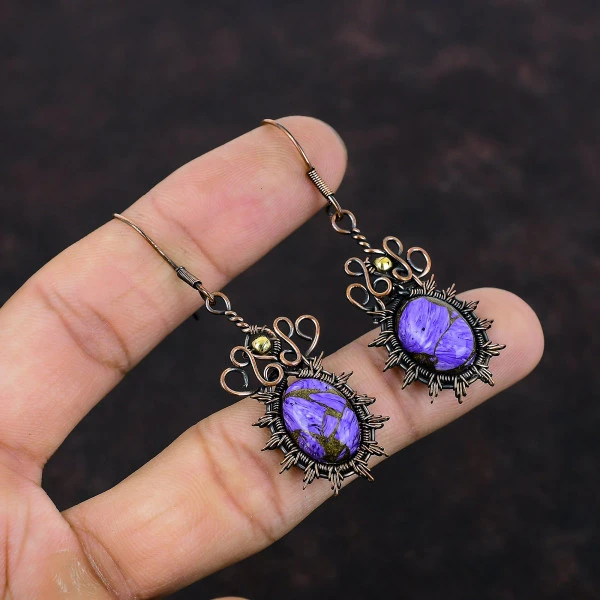 Copper Charoite Oval Purple Handmade Copper Wire Wrapped Earrings